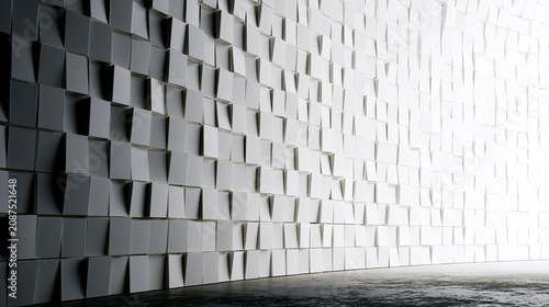 Textured wall with staggered geometric panels, casting dynamic shadows