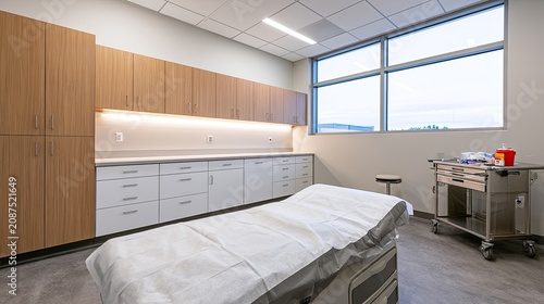Clean examination room with a bed, cabinets, and medical cart