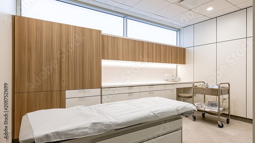 Modern medical examination room with treatment table and storage