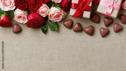 Lush roses, heart chocolates, and gift boxes arranged on textured fabric
