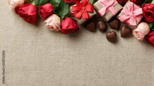 Romantic roses, wrapped gifts, and chocolates arranged on a textured surface