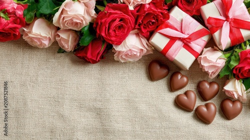 Red and pink roses, heart chocolates, and gift boxes arranged on textured fabric