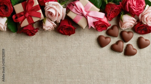 Red and pink roses, gift boxes, and heart chocolates