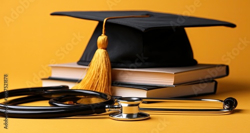 Graduation cap atop books with stethoscope, symbolizing medical education