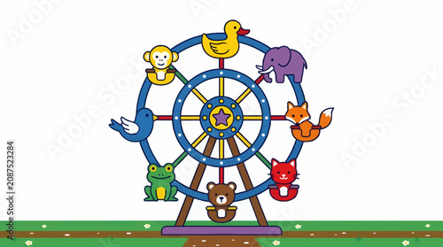 Billede på lærred Whimsical Flat Vector Illustration of a Colorful Ferris Wheel with Cute Animal C