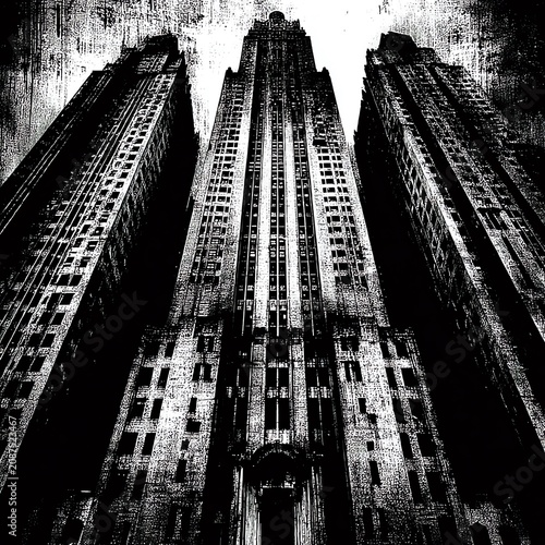 Dramatic Low Angle View of Gothic Art Deco Skyscraper, Black and White Architectural Illustration