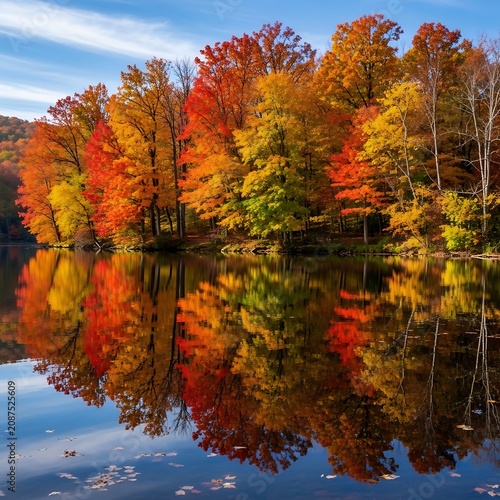 Autumn forest reflection in calm lake.