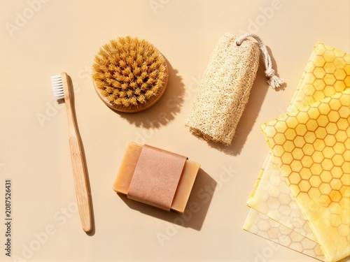Flat lay of natural sustainable personal care products including bamboo toothbrush wooden brush loofah soap bar and beeswax wrap for zero waste retail branding