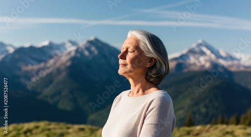 Woman senior enjoying peace and mindfulness in nature breathing mountain serenity