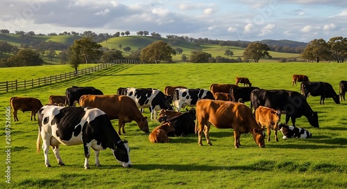 Cattle grazing on lush green farmland under cloudy sky.