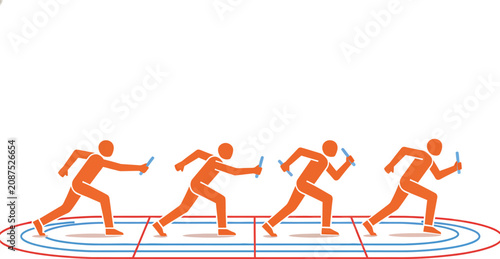 Dynamic orange stick figures on a track depicting a relay race sequence, symbolizing teamwork, speed, and competition for sports event promotion and business concept illustration.