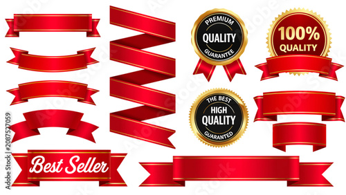 Set of colorful decorative ribbons and badges with red and gold accents