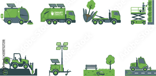 Title: Vector set of eco friendly smart city vehicles and green technology equipment for sustainable urban maintenance and infrastructure