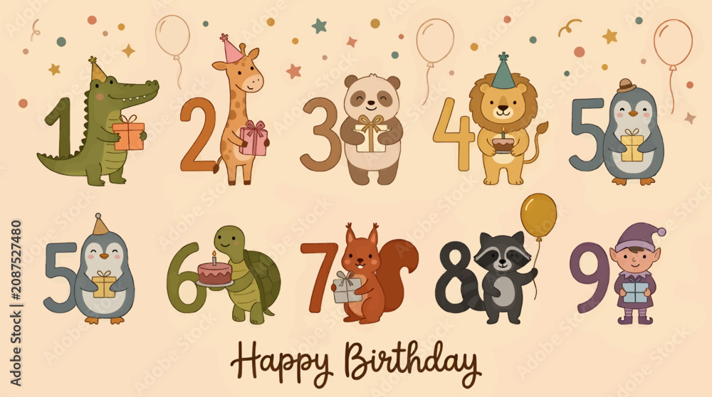 Obraz premium Cute Cartoon Animals with Numbers 1-9 for Birthday Celebration, Pastel Colors and Confetti Background, Flat Vector Illustration with Gifts and Party Hats