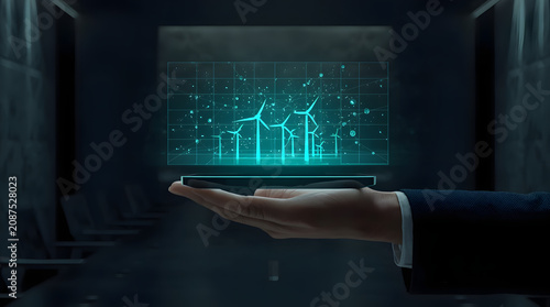 Futuristic digital tablet displaying glowing holographic wind turbines in hands of businessman
