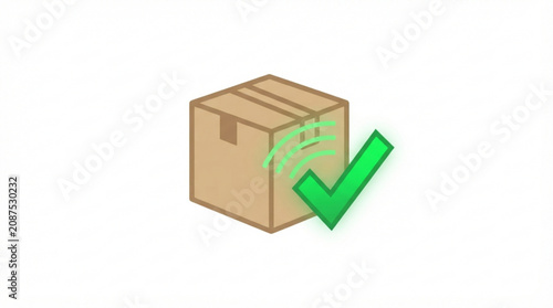 Digital illustration of a cardboard delivery package being successfully verified by a green checkmark symbol representing completed logistics tracking