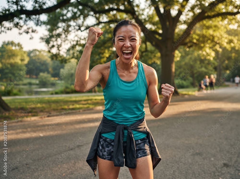 Fototapeta premium Excited fit woman celebrating fitness success outdoor in sunny park