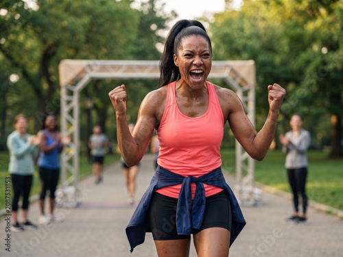 Happy african american woman celebrating marathon finish in park