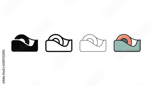 A collection of four different tape dispenser icons in various styles including solid black outline and colored versions