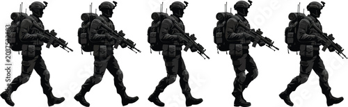 Canvastavla Silhouette soldiers marching patrol military team walking armed tactical infantr