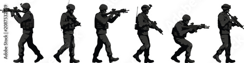 Fotografía Silhouette special forces soldiers tactical formation advancing with rifles in c