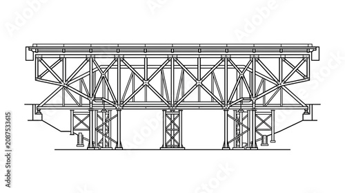 Bild auf Leinwand Detailed blueprint illustration of a steel truss railway bridge on a white backg