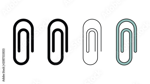 Collection of four simplified paper clip illustrations in black and white and blue colors on a white background
