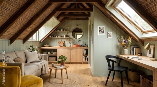 Cozy Attic Living Room Interior with Wooden Beams and Natural Light in Modern Style