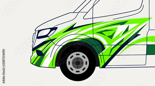 Quadro su tela Flat Vector Illustration of a White Van Front Fender with Dynamic Green and Dark