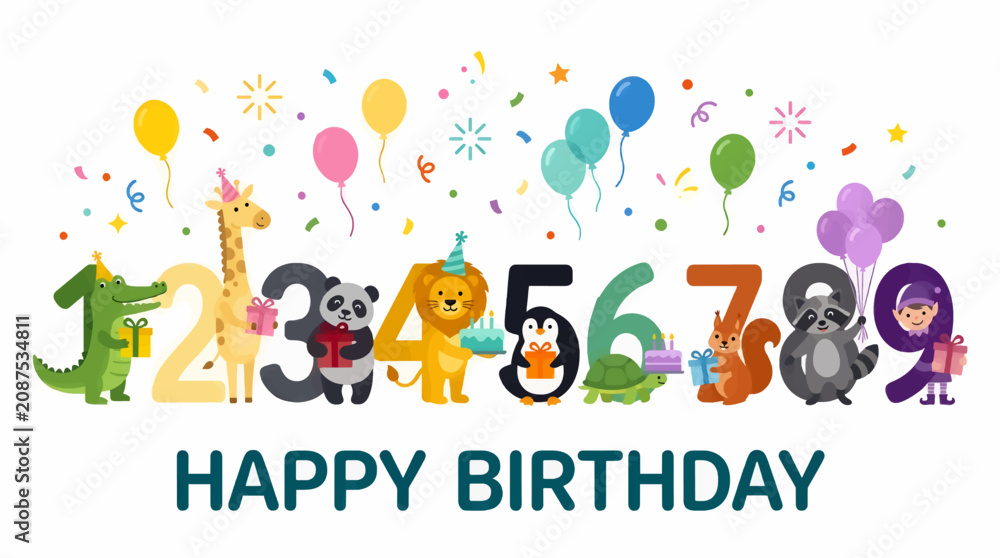 Fototapeta premium Happy Birthday Numbers 1-9 with Cute Animals and Elf, Festive Balloons, Flat Vector Illustration, Confetti and Gifts