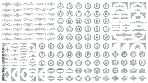 Ornate Monogram Letters, Flourishes, Dividers, and Corner Accents - Vintage Design Elements