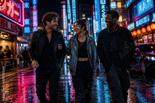 Group of three friends walking together in a vibrant urban setting at night, illuminated by neon signs and reflections on wet pavement, showcasing a lively city atmosphere