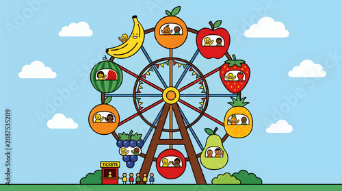 Fotografie Whimsical Flat Vector Ferris Wheel with Fruit Cabs and Diverse People Riding, Br