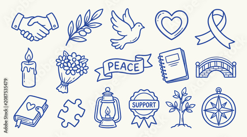 Tablou pe pânză Collection of hand-drawn icons representing peace, support, and unity with symbols like a dove, handshake, and heart
