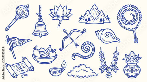 Foto Collection of Hindu religious symbols and cultural icons in a hand-drawn doodle style