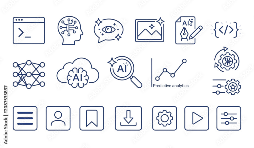 Fototapeta premium Artificial intelligence tools and command prompt UI icons collection vector
