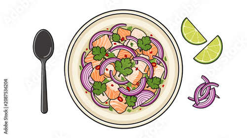 Fresh Salmon Ceviche with Red Onion Cilantro and Lime Slices Illustrated