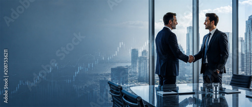 Business partners shaking hands in a glass office overlooking a city skyline with financial chart overlay for agreement merger investment partnership corporate growth and professional trust