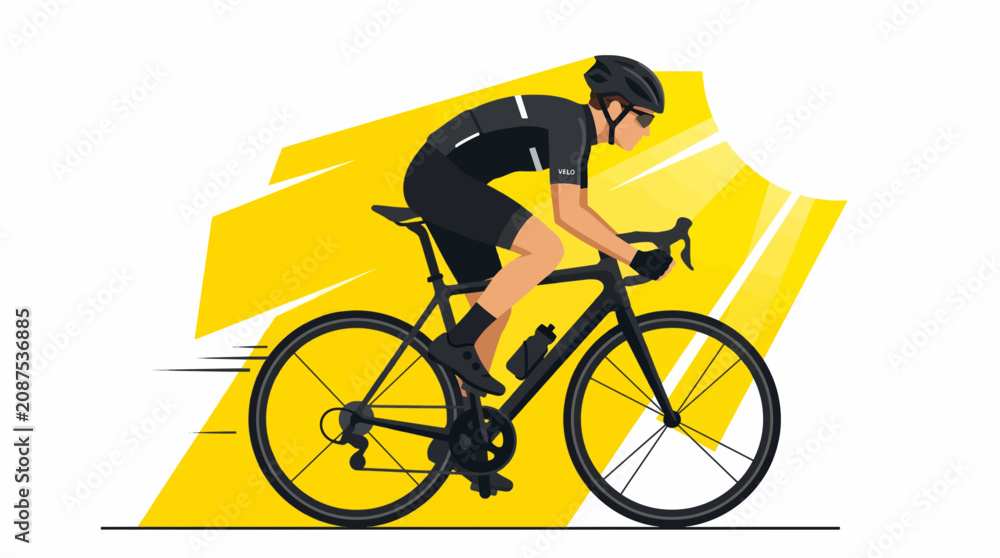 Fototapeta premium Cyclist in Black Racing Gear Riding a Bicycle with Yellow Sunburst Background