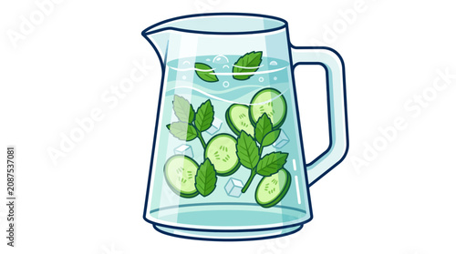 Refreshing pitcher of cucumber mint infused water with ice cubes and mint leaves
