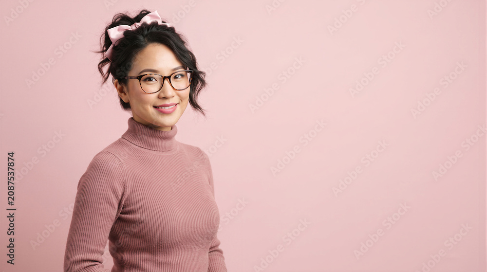 Obraz premium Portrait of a smiling young asian woman with glasses and a pink bow in her hair wearing a pink turtleneck sweater against a pink background