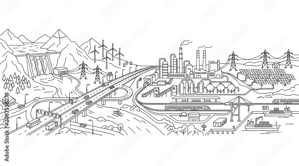 Fototapeta premium Sustainable Energy vs Industrial Power: Nature, City, and Industry Fusion