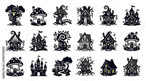 Bild auf Leinwand Whimsical Fantasy Houses Collection: Treehouses, Mushroom Homes, Castles, and Co