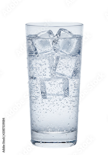 A flawless highball glass with pale-blue sparkling tonic water, heavy condensation, sharp ice cubes, and rising bubbles, isolated on transparent, hyper-realistic macro shot. Concept for beverage