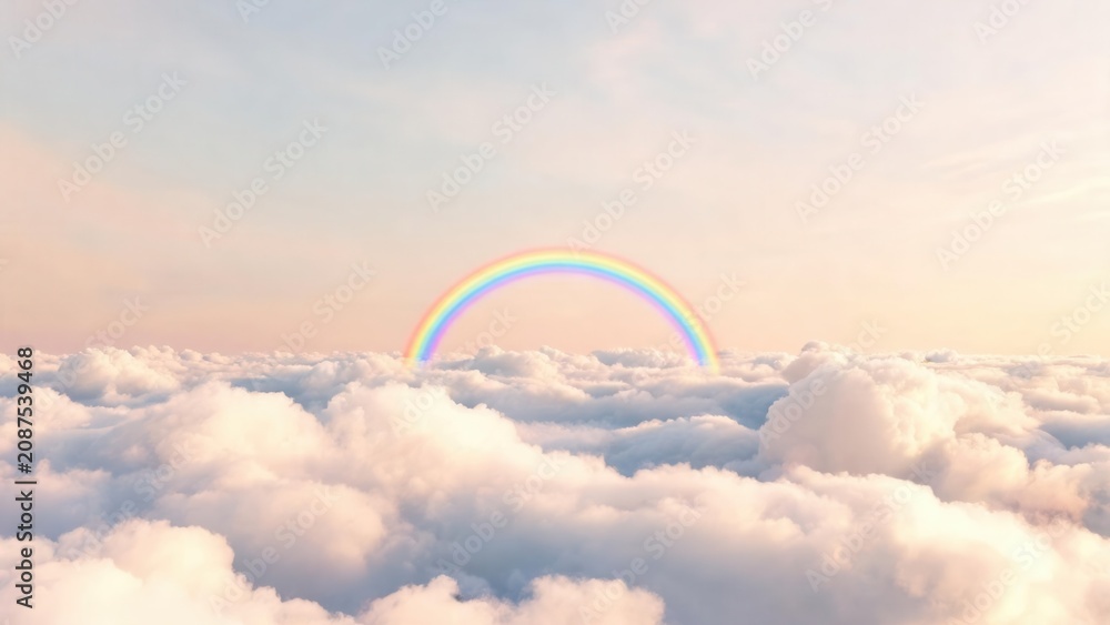 Naklejka premium Rainbow above fluffy clouds in sky