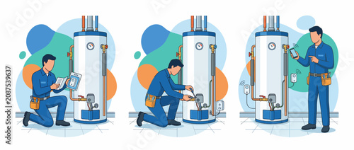 Professional Technician Installing and Repairing Water Heater System