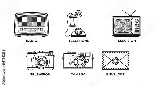 Vintage Technology Icons: Radio, Telephone, Television, Camera, Envelope
