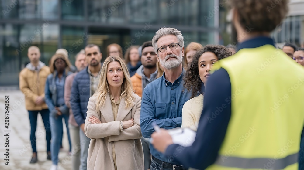Obraz premium Diverse group of people standing in line listening to a speaker in a yellow vest.