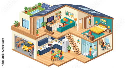 Konstfotografi Cutaway house illustration with interior details and rooftop solar panels home r