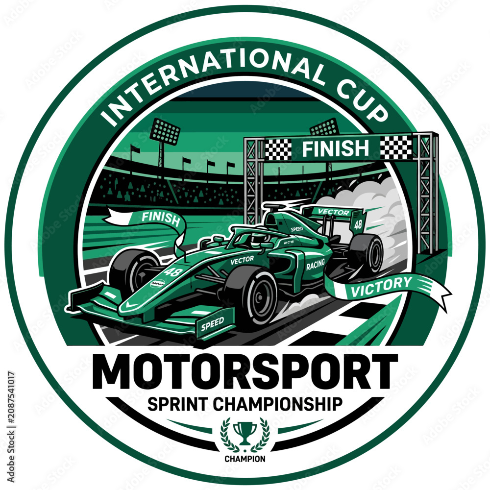 Obraz premium Green Formula Speed Car Racing Crossing Finish Line Victory Lane